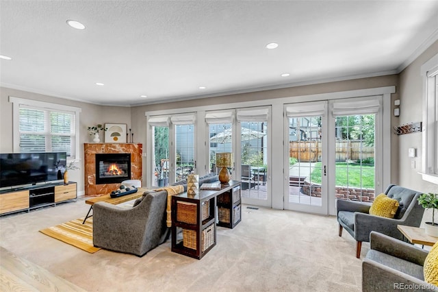 living area with crown molding, plenty of natural light, and light carpet