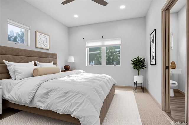 32 Trailside Cir Unit A, Salida, CO 81201 - bedroom featuring recessed lighting, ensuite bathroom, a ceiling fan, carpet flooring, and baseboards