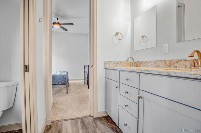 32 Trailside Cir Unit A, Salida, CO 81201 - full bathroom with double vanity, wood finished floors, ceiling fan, toilet, and baseboards