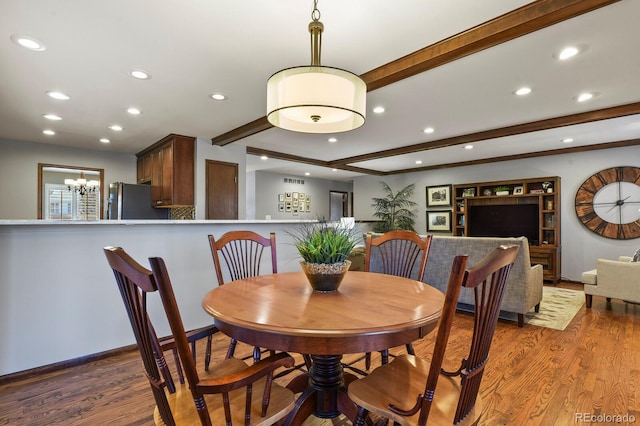 dining space featuring wood finished floors, beam ceiling, and recessed lighting