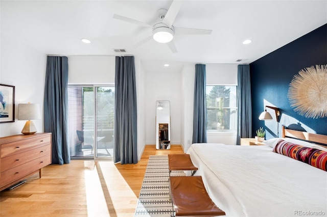 bedroom with access to exterior, ceiling fan, and light wood-type flooring