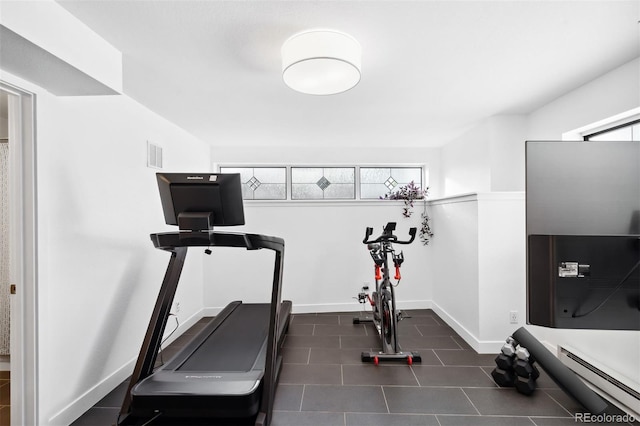 exercise room featuring a baseboard heating unit and a wealth of natural light