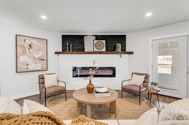 living room with a large fireplace and hardwood / wood-style flooring