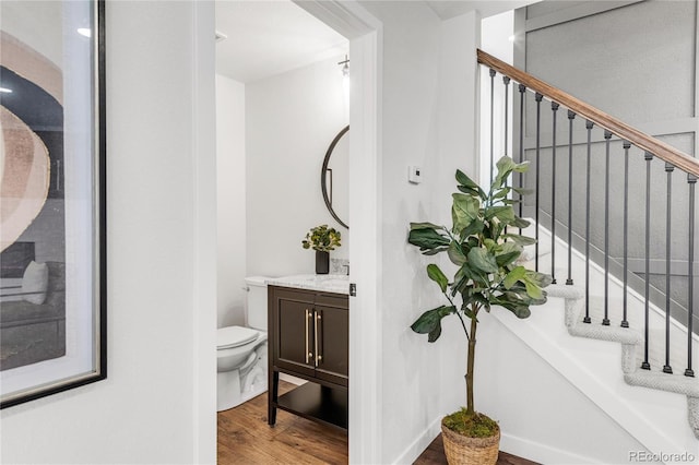 bathroom featuring toilet, vanity, and hardwood / wood-style flooring