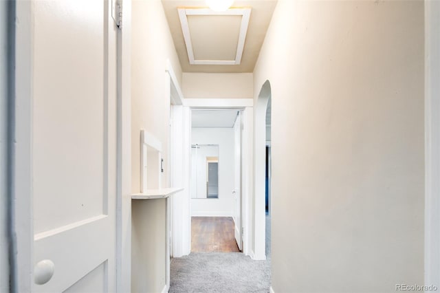 corridor with arched walkways and carpet flooring