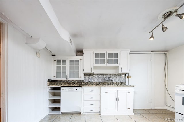 kitchen featuring light tile patterned floors, white appliances, white cabinets, and open shelves