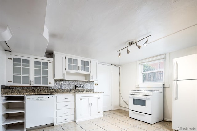 kitchen featuring white appliances, decorative backsplash, glass insert cabinets, white cabinetry, and open shelves