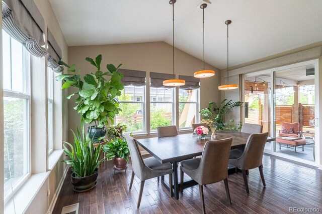 565 Pikes View Dr, Erie, CO 80516 - dining space featuring plenty of natural light, dark wood-style floors, and lofted ceiling