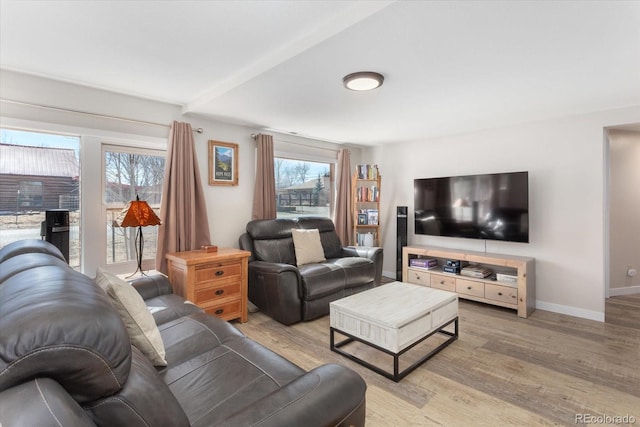 living area featuring a wealth of natural light, baseboards, and light wood finished floors