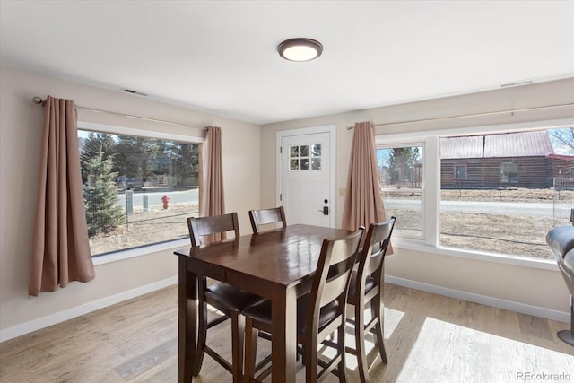 dining room featuring baseboards, visible vents, and light wood finished floors