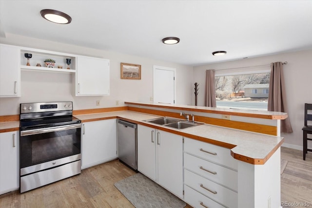 kitchen featuring stainless steel appliances, light countertops, white cabinetry, a sink, and a peninsula