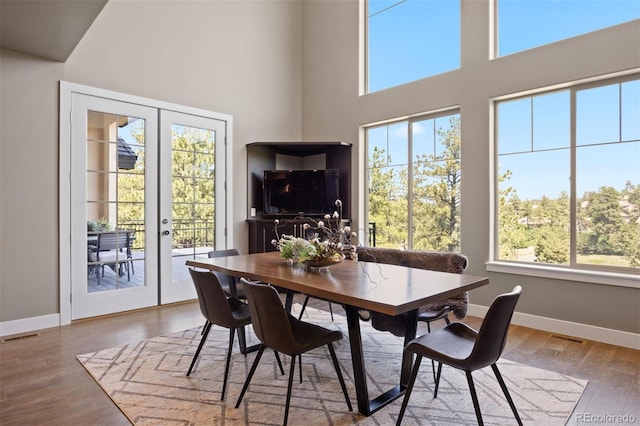 1803 Avenida Del Sol, Castle Rock, CO 80104 - dining area with plenty of natural light, wood finished floors, a towering ceiling, and french doors