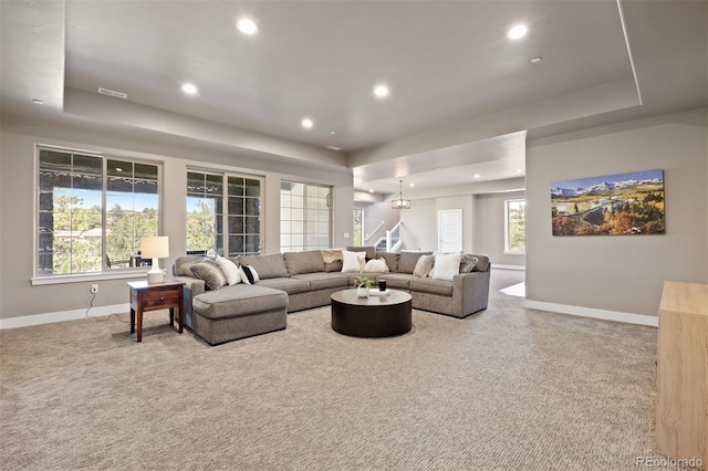 1803 Avenida Del Sol, Castle Rock, CO 80104 - living room with recessed lighting, a tray ceiling, and stairway