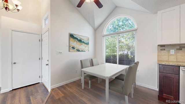 3732 Rosewalk Ct, Highlands Ranch, CO 80129 - dining space featuring dark wood-style floors, ceiling fan, and lofted ceiling
