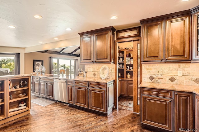 3191 W 151st Ct, Broomfield, CO 80023 - kitchen featuring dishwasher, recessed lighting, plenty of natural light, dark wood-style floors, and light stone countertops