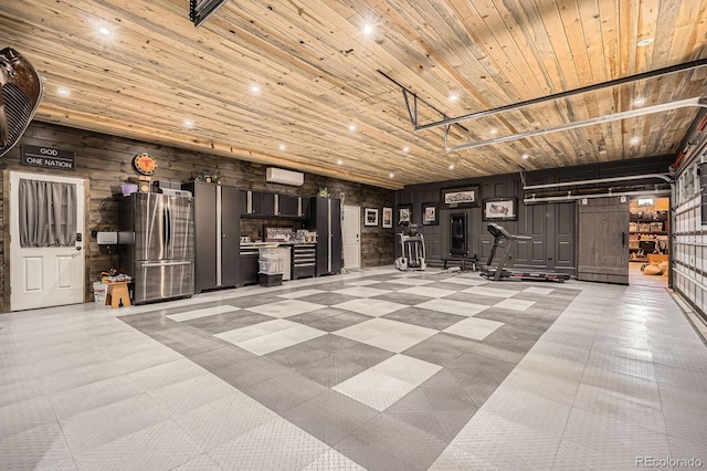 3191 W 151st Ct, Broomfield, CO 80023 - garage with freestanding refrigerator and wood ceiling
