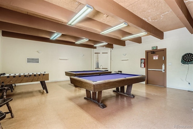 playroom with pool table and beam ceiling