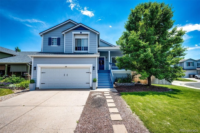 8930 Apache Plume Dr, Parker, CO 80134 - tri-level home featuring concrete driveway, a garage, a front lawn, stairway, and covered porch