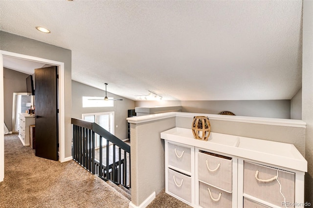 8930 Apache Plume Dr, Parker, CO 80134 - corridor featuring an upstairs landing, carpet, lofted ceiling, and a textured ceiling