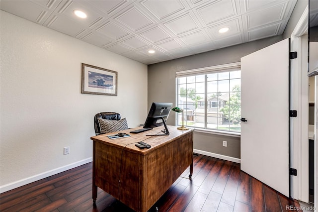 8930 Apache Plume Dr, Parker, CO 80134 - home office with recessed lighting, dark wood-style flooring, and an ornate ceiling