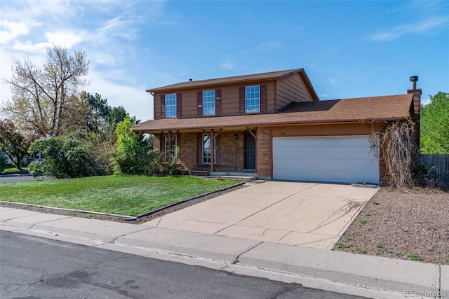 traditional-style home with brick siding, an attached garage, concrete driveway, a porch, and a front lawn