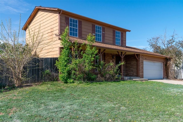traditional-style house featuring driveway, brick siding, fence, an attached garage, and a front lawn