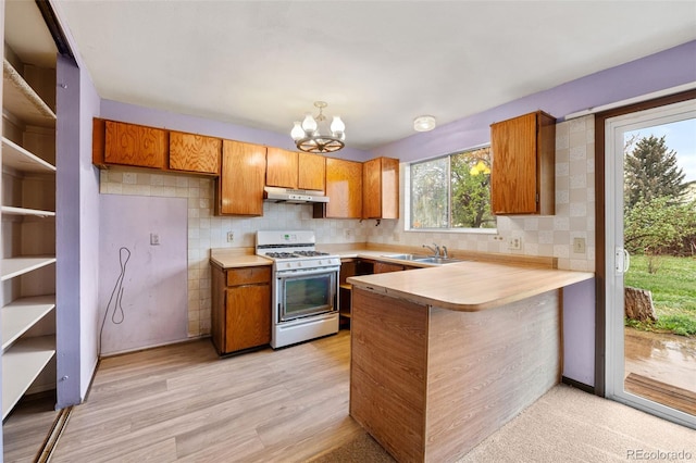 kitchen featuring white range with gas cooktop, brown cabinetry, a sink, a peninsula, and under cabinet range hood