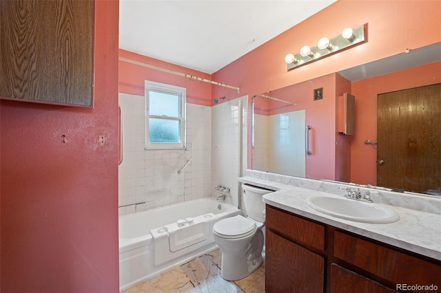 bathroom with toilet, vanity, bathtub / shower combination, and marble finish floors
