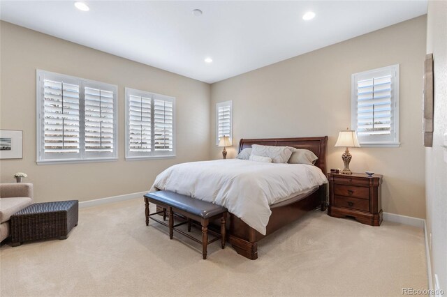 bedroom with baseboards, carpet floors, and recessed lighting