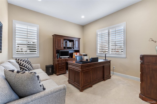 office area featuring recessed lighting, baseboards, and light colored carpet