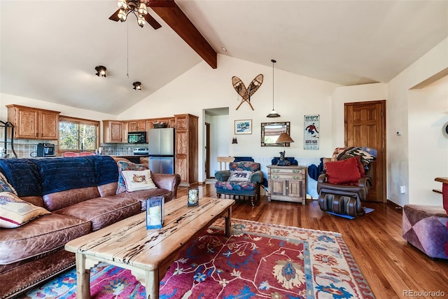 16 Thurber Ct, Fairplay, CO 80440 - living area featuring dark wood finished floors, beam ceiling, a ceiling fan, and high vaulted ceiling
