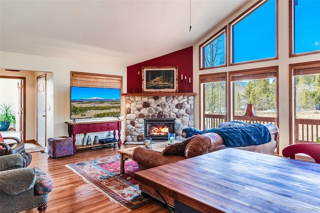 16 Thurber Ct, Fairplay, CO 80440 - living room featuring wood finished floors, a fireplace, baseboards, and vaulted ceiling