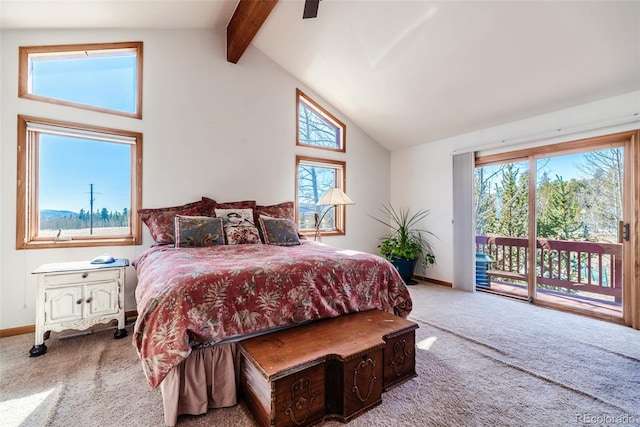 16 Thurber Ct, Fairplay, CO 80440 - carpeted bedroom with a ceiling fan, baseboards, high vaulted ceiling, beam ceiling, and access to outside