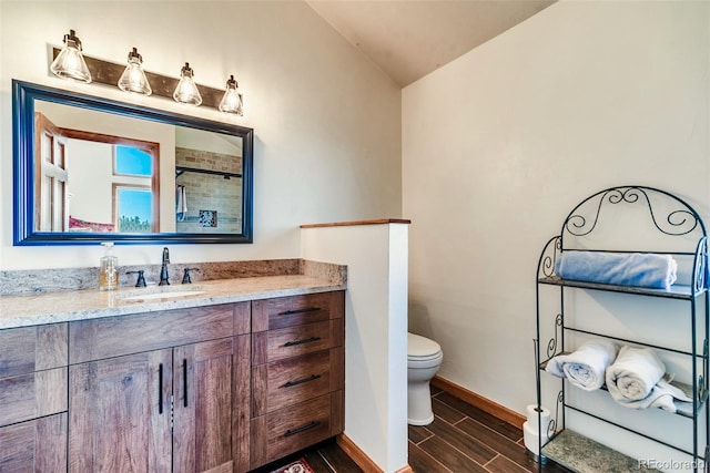 16 Thurber Ct, Fairplay, CO 80440 - bathroom with wood finish floors, toilet, lofted ceiling, baseboards, and vanity