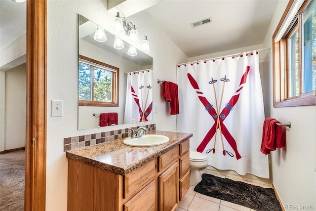 16 Thurber Ct, Fairplay, CO 80440 - full bathroom with tasteful backsplash, visible vents, curtained shower, toilet, and vanity