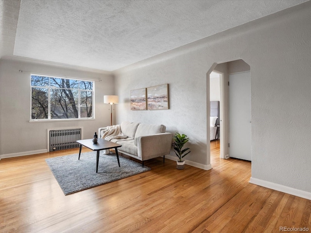 1130 N N Pennsylvania St Unit 306, Denver, CO 80203 - living room featuring radiator heating unit, a textured ceiling, arched walkways, and light wood-style floors