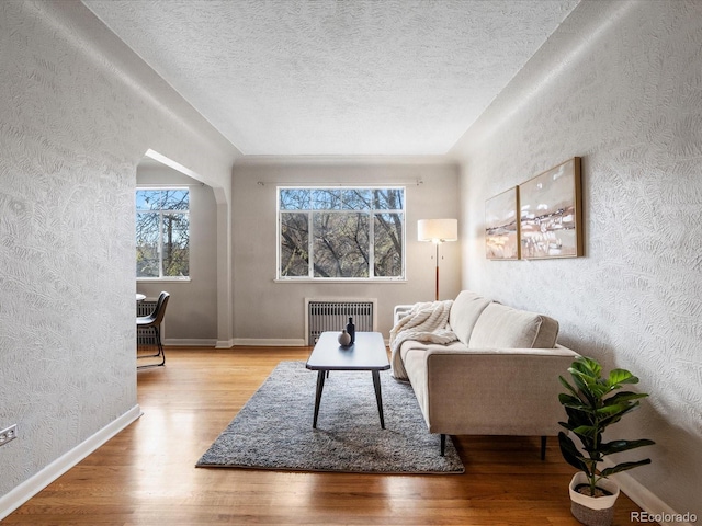 1130 N N Pennsylvania St Unit 306, Denver, CO 80203 - living area with radiator, a textured wall, wood finished floors, and a textured ceiling