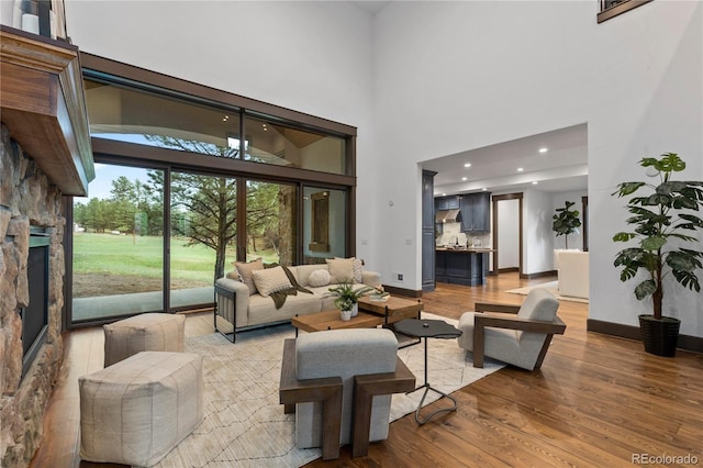 11790 Huckleberry Dr, Franktown, CO 80116 - living area with wood finished floors, a towering ceiling, a fireplace, and baseboards