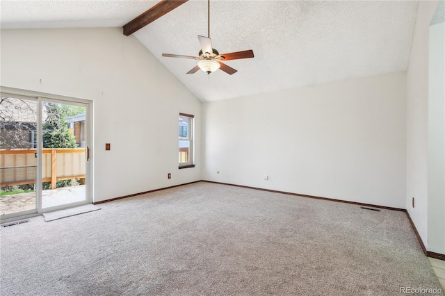 10262 W Ida Ave Unit 243, Littleton, CO 80127 - carpeted spare room featuring high vaulted ceiling, a ceiling fan, a textured ceiling, beamed ceiling, and baseboards