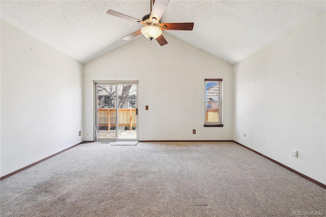 10262 W Ida Ave Unit 243, Littleton, CO 80127 - empty room with carpet floors, a ceiling fan, a textured ceiling, baseboards, and high vaulted ceiling