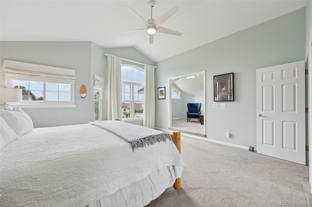 9385 Prairie View Dr, Highlands Ranch, CO 80126 - bedroom with vaulted ceiling, carpet flooring, multiple windows, and a ceiling fan