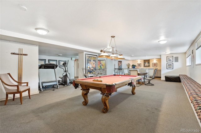 rec room featuring light carpet and billiards