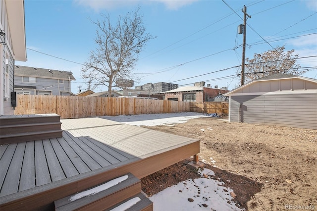 deck with a storage shed