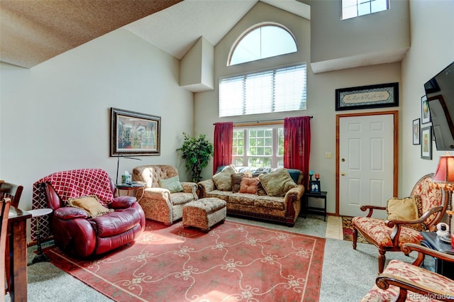 10035 E Mexico Ave, Aurora, CO 80247 - carpeted living room with high vaulted ceiling