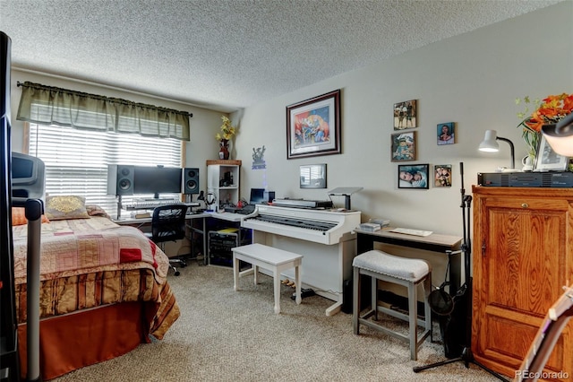 10035 E Mexico Ave, Aurora, CO 80247 - bedroom featuring a textured ceiling, light carpet, and a desk