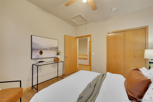 bedroom featuring ceiling fan, a closet, and light hardwood / wood-style flooring