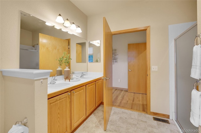 bathroom featuring vanity and a shower with shower door