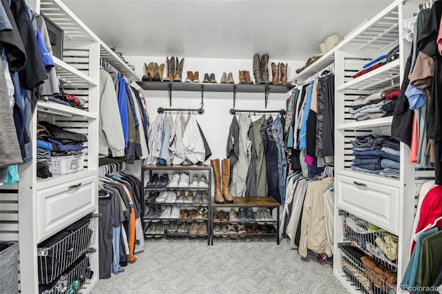 walk in closet featuring carpet flooring