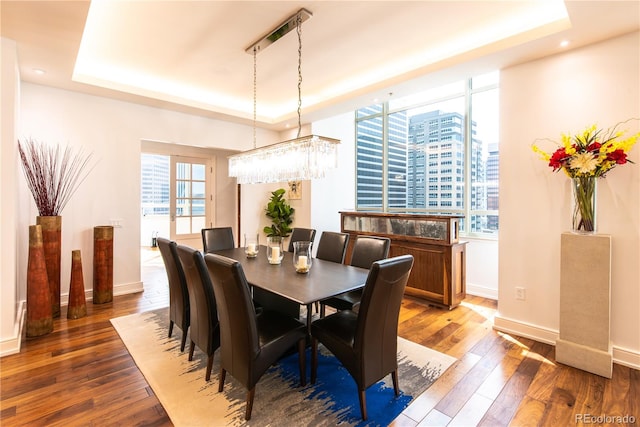 dining space featuring dark hardwood / wood-style floors and a raised ceiling