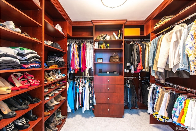 walk in closet featuring light carpet